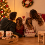 Familienweihnacht vor dem leuchtenden Tannenbaum