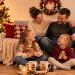 Fröhliche Weihnachtsfamilie mit Lebkuchenmomente