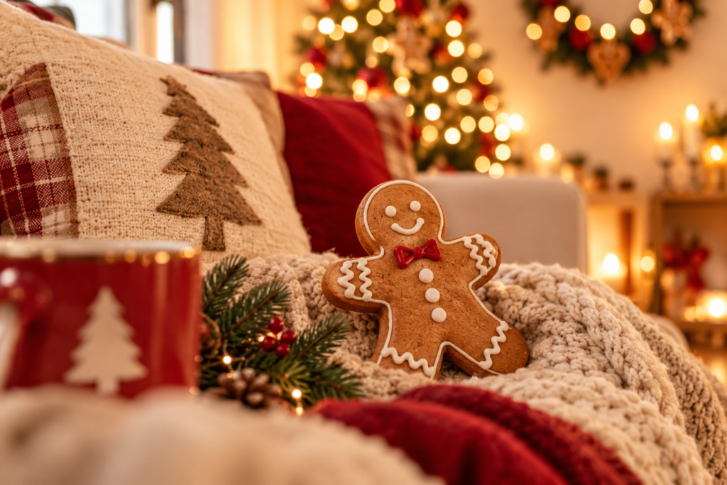 Lebkuchenmann auf einer kuscheligen Decke neben einer roten Weihnachtstasse im festlich dekorierten Weihnachtszimmer.