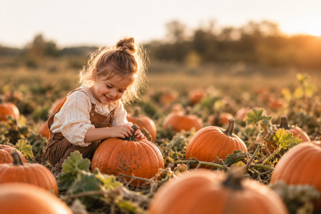 Kind entdeckt Kürbisse bei einem herbstlichen Mini-Shooting
