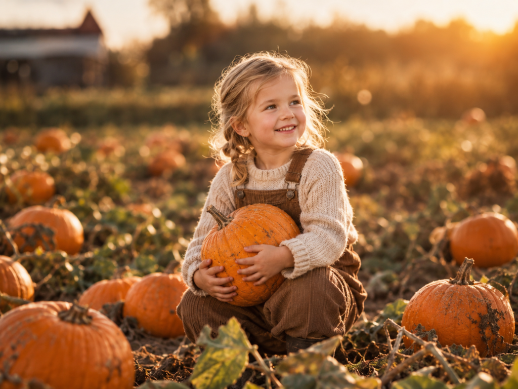 Kind beim herbstlichen Mini-Shooting auf einem Kürbisfeld