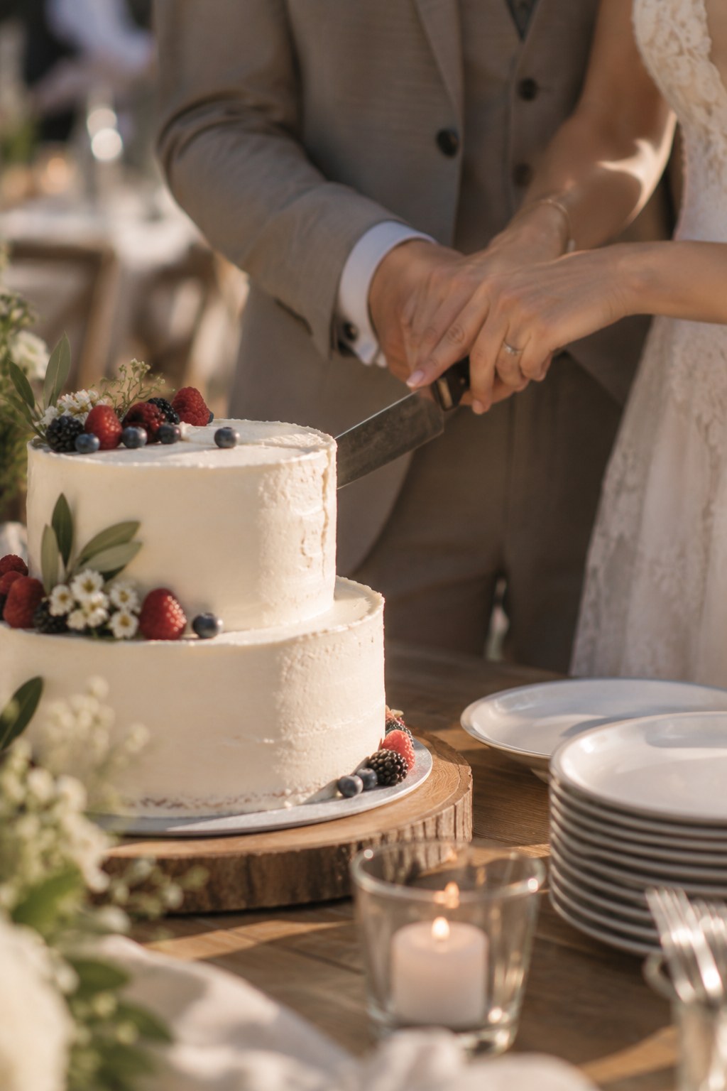 Romantischer Hochzeitstortenanschnitt im Freien