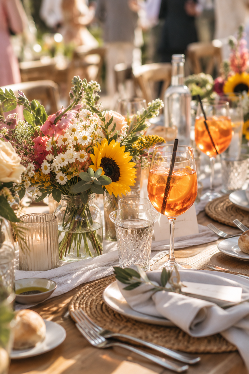 Sommerliche Hochzeitstafel mit Aperol und Blumen